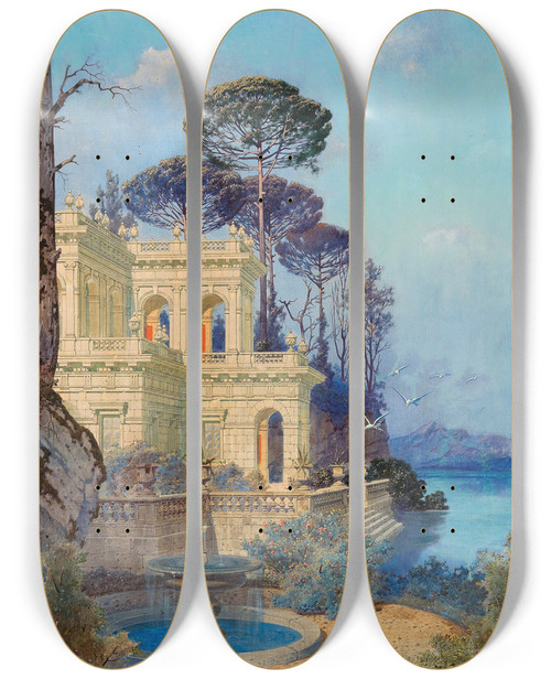 Triptych art skateboard deck of Ferdinand Knab Villa A Fountain By The Lake In The Foreground by Ferdinand Knab (1834-1902)