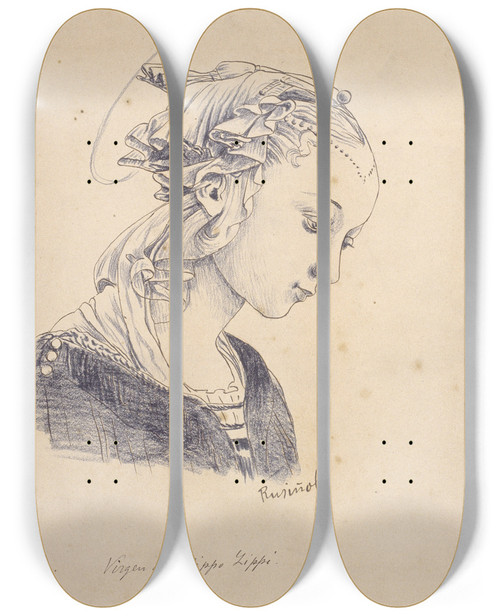 Triptych art skateboard deck of Santiago Rusiol Bust From The Madonna With Angels By Filippo Lippi by Santiago Rusinol (1861-1931)