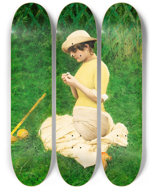 Triptych art skateboard deck of Jan Van Beers Il Maimeun Peubeaucoup by Jan Van Beers (1852-1927)
