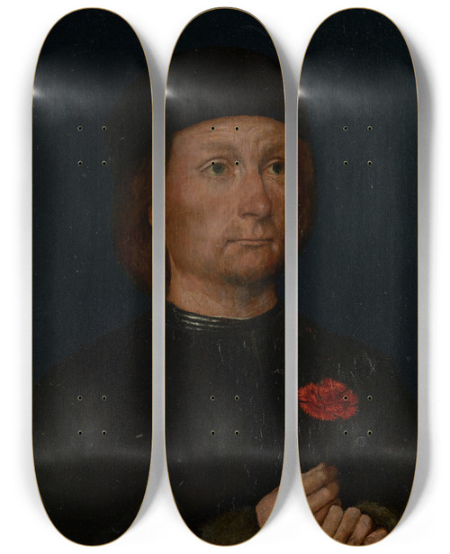 Triptych art skateboard deck of Michael Sittow Portrait Of A Man With A Pink by Michel Sittow