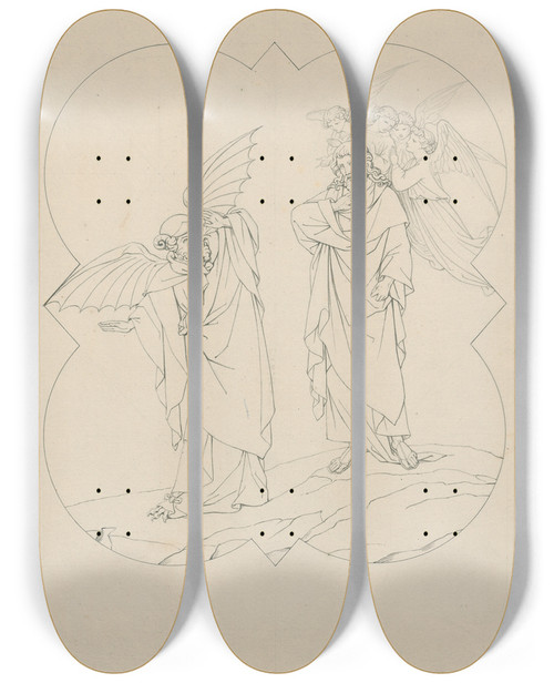 Triptych art skateboard deck of David Humbert De Superville De Verzoeking Van Christus Basrelif by David Humbert De Superville (1770-1849)