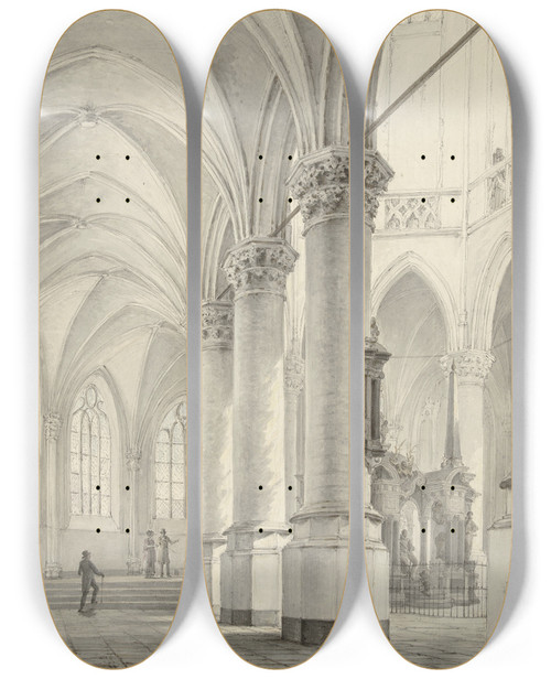 Triptych art skateboard deck of Johannes Jelgerhuis Interieur Van De Nieuwe Kerk Te Delft by Johannes Jelgerhuis (1770-1836)
