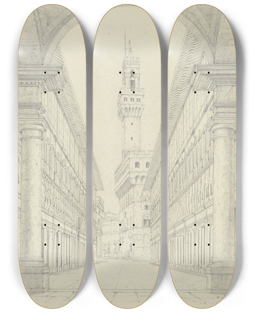 Triptych art skateboard deck of Friedrich Wilhelm Ludwig Der Palazzo Vecchio In Florenz Vom Hof Der Uffizien Aus Gesehen by Friedrich Wilhelm Ludwig (1828)