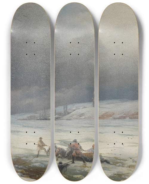 Triptych art skateboard deck of Ivan Konstantinovich Aivazovsky Hauling A Horse And Cart Out Of The Ice by Ivan Konstantinovich Aivazovsky (1817-1900)