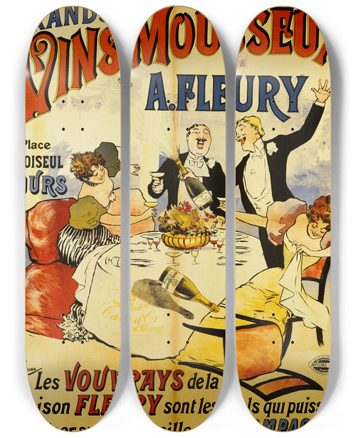Triptych art skateboard deck of Albert Guillaume Grands Vins Mousseux Afleury by Albert Guillaume (1873-1942)