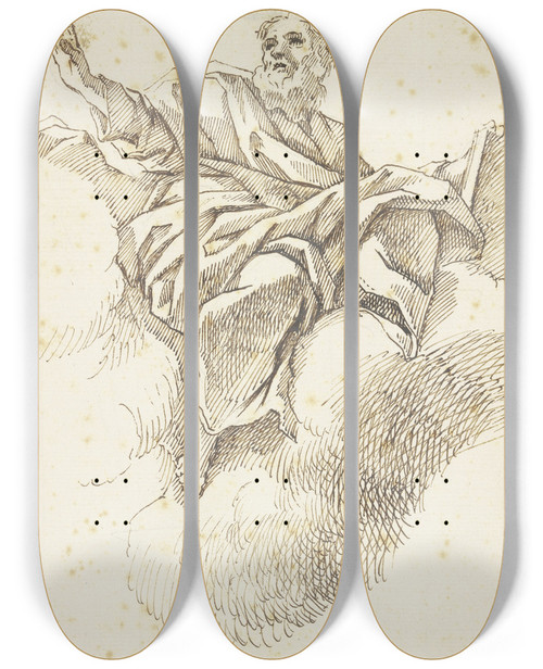Triptych art skateboard deck of Luca Giordano Prophet Mit Buch Auf Wolken Schwebend by Luca Giordano (1634-1705)