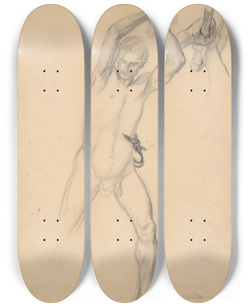 Triptych art skateboard deck of Jzef Simmler Nude Sketch To The Executioner With An Axe Recto And A Stone Verso To The Painting Martyrdom Of St Matthias by Jozef Simmler (1823-1868)