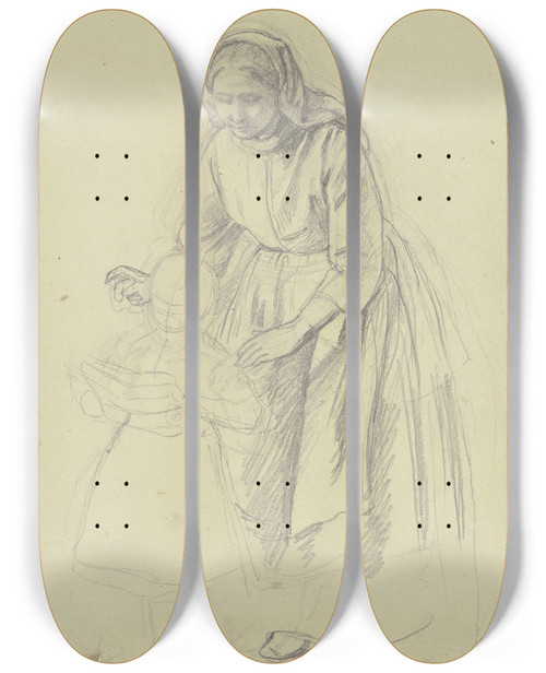 Triptych art skateboard deck of Jakob Becker Woman With Reading Child by Jakob Becker (1810-1872)
