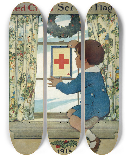 Triptych art skateboard deck of Jessie Willcox Smith Have You A Red Cross Service Flag by Jessie Willcox Smith (1863-1935)