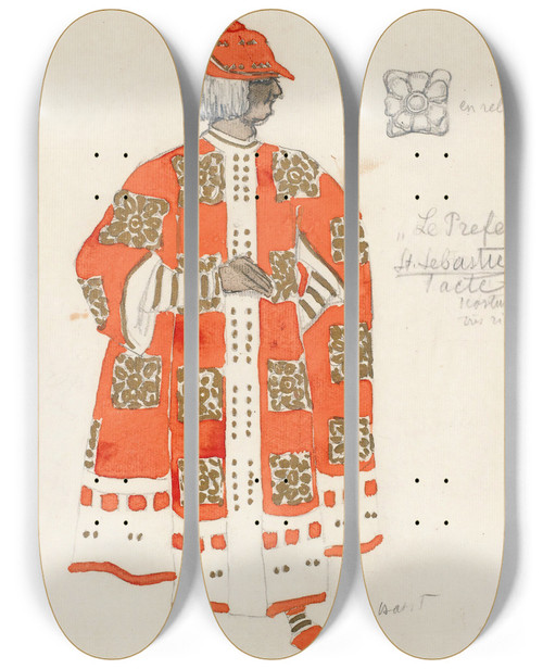 Triptych art skateboard deck of Lon Bakst Costume Design For Act I Of The Martyrdom Of St Sebastian by Leon Bakst (1866-1924)