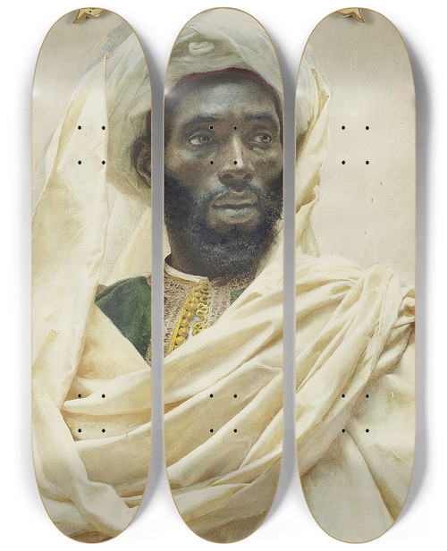 Triptych art skateboard deck of Josep Tapir Bar Portrait Of A Moroccan Man by Josep Tapiro Baro (1836-1913)