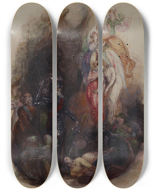 Triptych art skateboard deck of Richard Corbould Untitled Knight And Fairy Creatures by Richard Corbould (1757-1831)