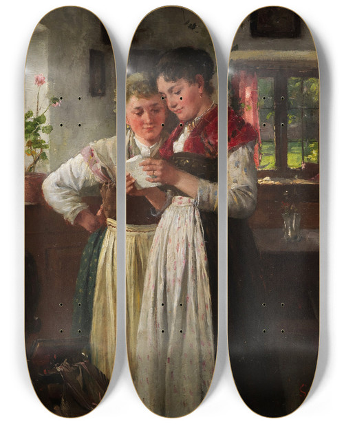 Triptych art skateboard deck of Johann Sperl Der Liebesbrief by Johann Sperl (1840-1914)