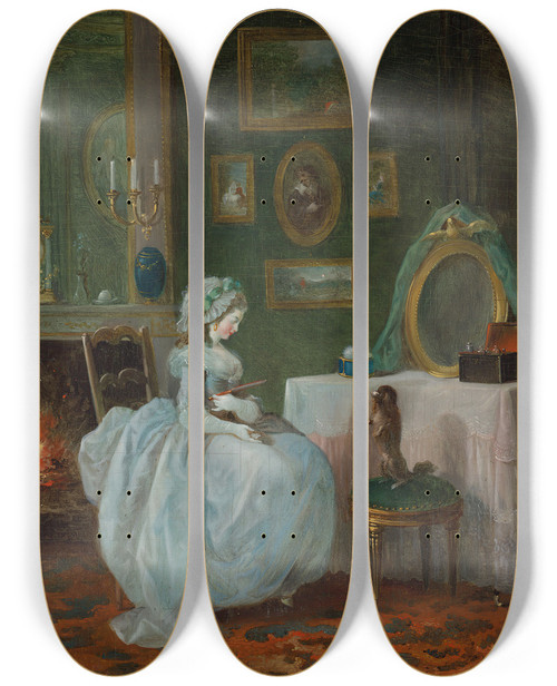 Triptych art skateboard deck of Jeanfrdric Schall A Lady At Her Toilette by Jean-Frdric Schall (1752-1825)