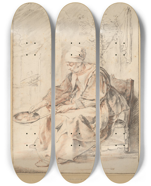 Triptych art skateboard deck of Cornelis Ploos Van Amstel Pancake Woman by Cornelis Ploos Van Amstel (1726-1798)