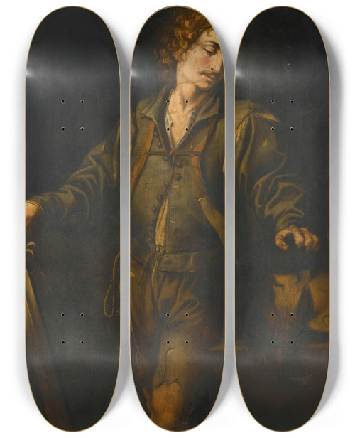 Triptych art skateboard deck of North Italian School David With The Head Of Goliath by North Italian School