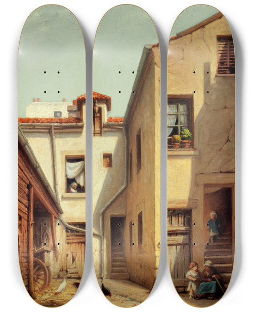 Triptych art skateboard deck of C Bussilliet Intrieur De Cour Mnilmontant by C Bussilliet (19-)