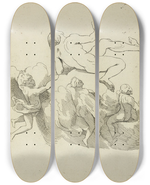 Triptych art skateboard deck of Peter Paul Rubens Four Figures In Floating Positions Three Amidst Clouds by Peter Paul Rubens (1577-1640)