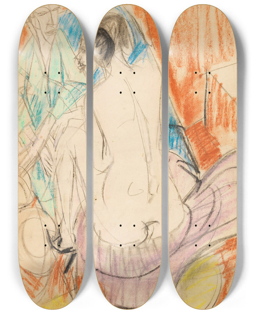 Triptych art skateboard deck of Ernst Ludwig Kirchner Selbstportrt Mit Gerda Mann Und Sitzende Im Atelier by Ernst Ludwig Kirchner (1880-1938)