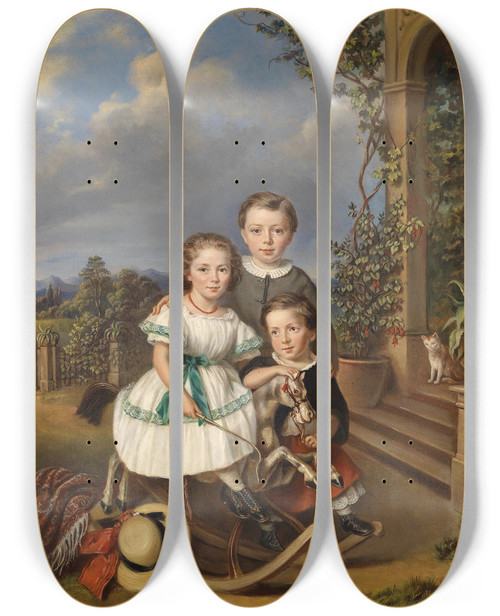 Triptych art skateboard deck of Elisabeth Modell Portrts Dreier Kinder Vor Einem Gartenpavillon by Elisabeth Modell (1820-1865)