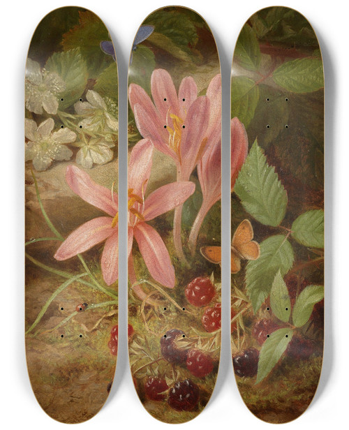Triptych art skateboard deck of Josef Lauer Herbstblume Mit Brombeeren by Josef Lauer (1818-1881)