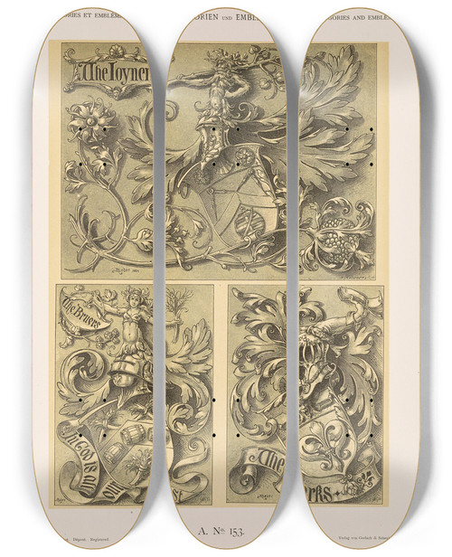 Triptych art skateboard deck of Albert Ilg Allegorien Und Embleme Vol Ii Pl165 by Albert Ilg (1847-1896)