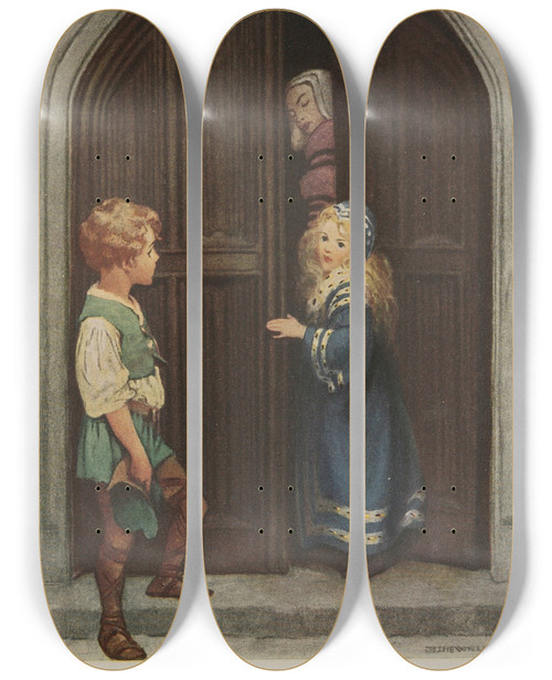 Triptych art skateboard deck of Jessie Willcox Smith Never Mind Princess Irene He Said You Mustnt Kiss Me Tonight by Jessie Willcox Smith (1863-1935)