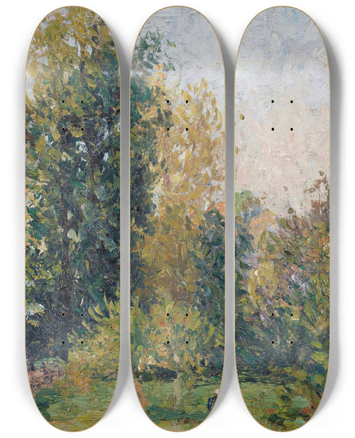Triptych art skateboard deck of Camille Pissarro Paysage Avec Deux Personnages Ragny Automne by Camille Pissarro (1830-1903)