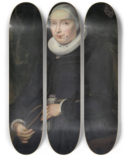 Triptych art skateboard deck of Bartholomus Sarburgh Portrait Of Chrischona Jeckelmann Wife Of Thomas Platter Ii by Bartholomaus Sarburgh (1590-1637)