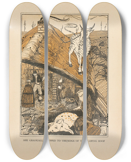 Triptych art skateboard deck of Jean De Bosschre She Gradually Slipped To The Edge Of The Sloping Roof by Jean de Bosschre (1878-1953)
