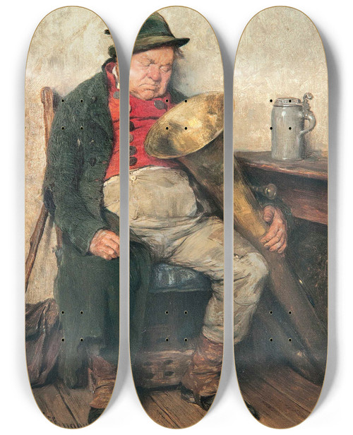 Triptych art skateboard deck of Hugo Kauffmann Eingeschlafener Tubist by Hugo Kauffmann (1844-1915)
