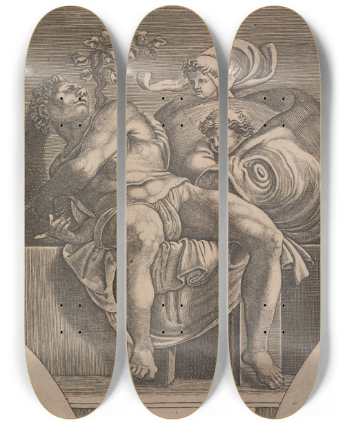 Triptych art skateboard deck of Adamo Scultori The Prophet Jonah by Adamo Scultori (1530-1585)