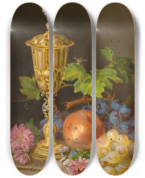 Triptych art skateboard deck of Andreas Lach Still Life With Covered Goblet Grapes Apples And Asters by Andreas Lach (1817-1882)