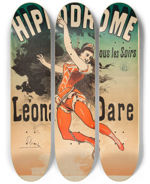 Triptych art skateboard deck of Jules Chret Lona Dare by Jules Cheret (1836-1932)