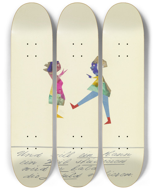 Triptych art skateboard deck of John Elsas Und Will Ein Mann Ein Weib Studieren by John Elsas (1851-1935)