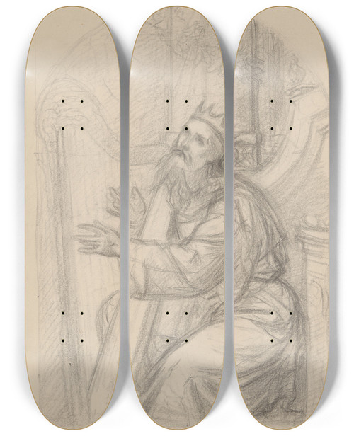 Triptych art skateboard deck of Jzef Simmler Sketch To The Painting King David Playing The Harp by Jozef Simmler (1823-1868)