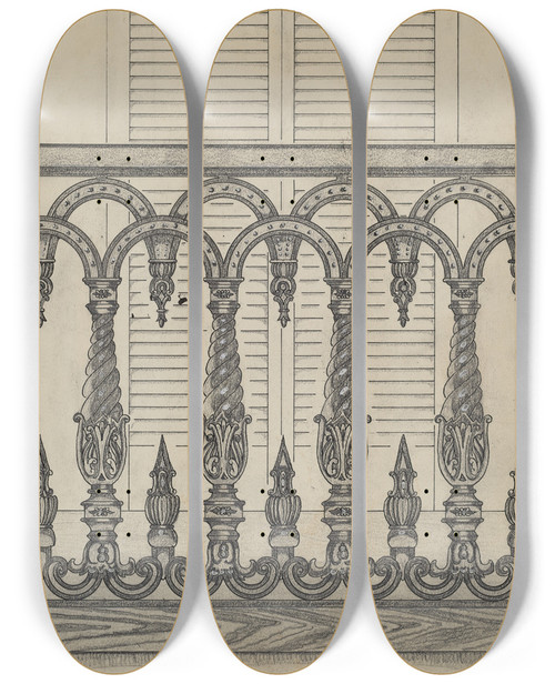 Triptych art skateboard deck of Thomas Byrne Cast Iron Balcony Rail_1 by Thomas Byrne