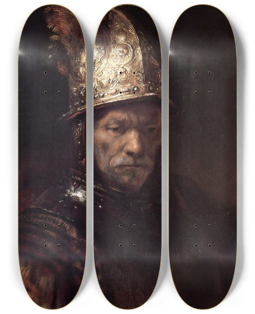 Triptych art skateboard deck of Follower Of Rembrandt Van Rijn The Man With The Golden Helmet by Follower of Rembrandt van Rijn (1606-1669)