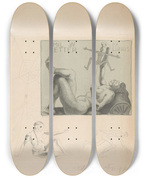 Triptych art skateboard deck of Michel Fingesten Ex Libris Van Emil W Netter by Michel Fingesten (1884-1943)