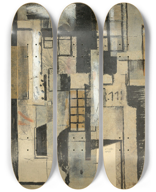 Triptych art skateboard deck of Arnold Topp Hfe Der Mietskasernen by Arnold Topp (1887-1945)