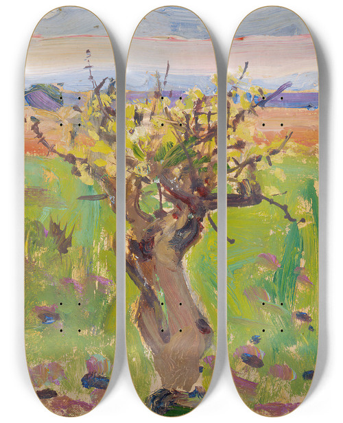 Triptych art skateboard deck of Akseli Gallenkallela Dwarf Tree In The Desert by Akseli Gallen Kallela (1865-1931)