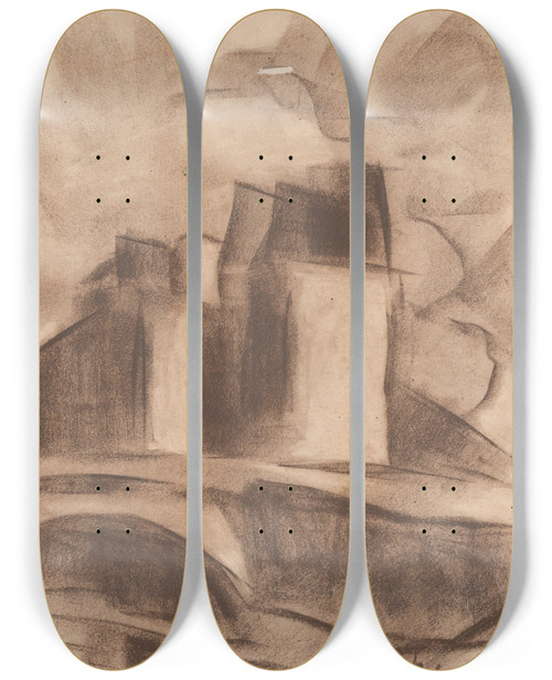 Triptych art skateboard deck of Zolo Palugyay Study Of Building Objects From Paris by Zolo Palugyay (1898-1935)