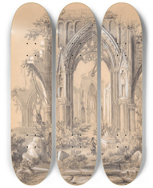 Triptych art skateboard deck of Francisco Javier Parcerisa Boada Church In Ruins by Francisco Javier Parcerisa Boada (1803-1875)