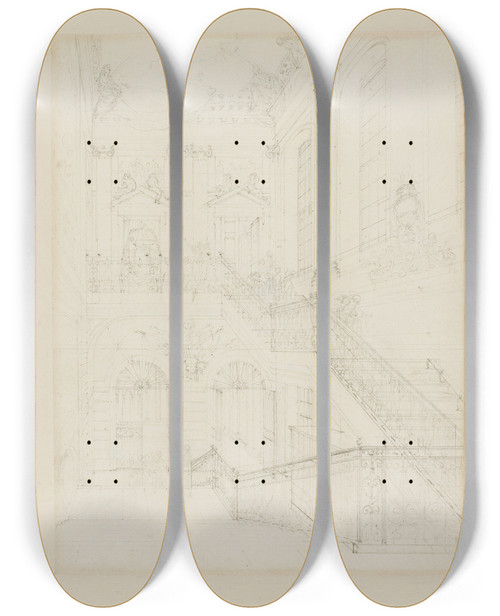 Triptych art skateboard deck of Augustus Charles Pugin Study For The Hall And Staircase British Museum From Microcosm Of London by Augustus Charles Pugin (1762-1832)