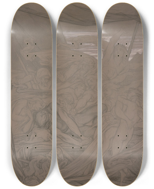Triptych art skateboard deck of Victor Mller Denk In Der Schlacht An Mich Verzweifl Und Stirb Dem Auf Dem Felde Bei Bosworth Schlafenden Richard Iii Erscheinen Die Geister Der Von Ihm Ermordeten by Victor Muller (1829-1871)