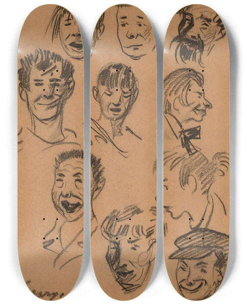 Triptych art skateboard deck of George Luks Ten Heads by George Luks (1866-1933)