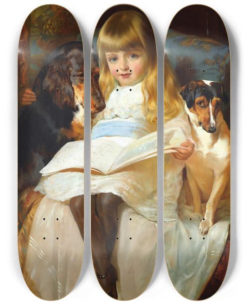 Triptych art skateboard deck of Edwin Douglas The Favourite Story A Gordon Setter And A Jackrussell by Edwin Douglas (1848-1914)