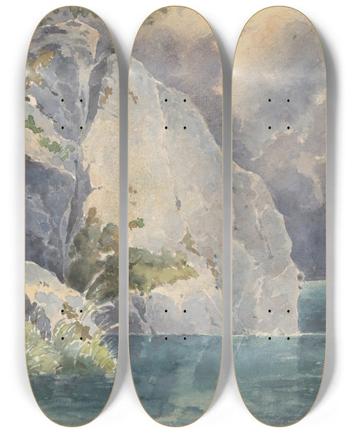 Triptych art skateboard deck of Friedrich Carl Von Scheidlin Rock Above A Lake by Friedrich Carl Von Scheidlin (1822-1913)