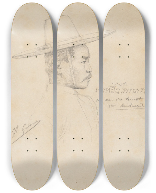 Triptych art skateboard deck of Jeanlon Grme Study For The Reception Of The Siamese Ambassadors At Fontainebleau by Jean-Lon Grme (1824-1904)