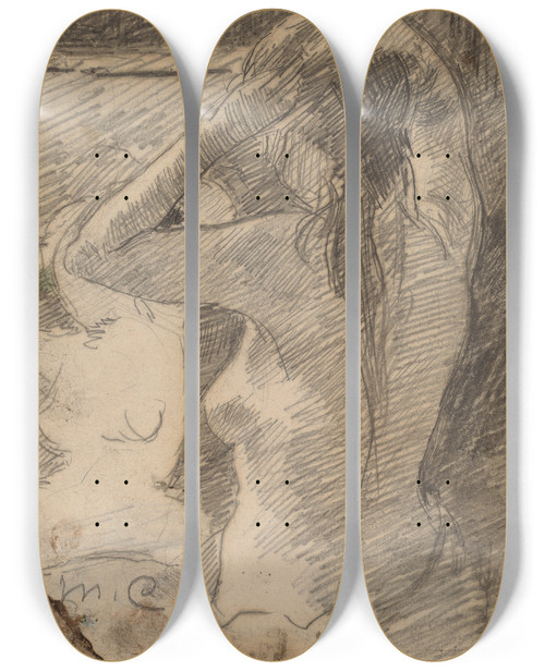 Triptych art skateboard deck of Mary Cassatt The Coiffure_3 by Mary Cassatt (1844-1926)